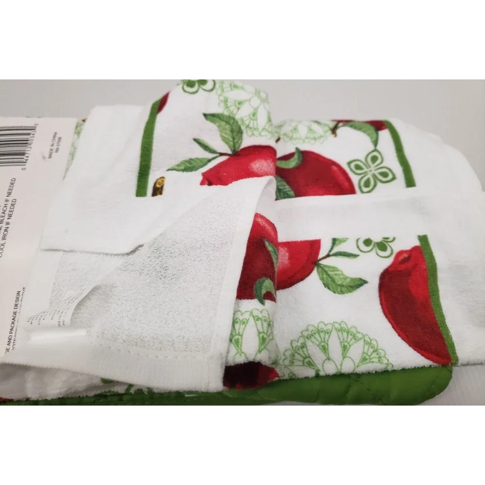 3pc Kitchen Set:1 Pot Holder, 1 Towel, & 1 Oven Mitt, RED APPLES ,green back, BH